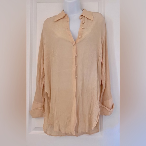 Silk crinkle peach top Ann Taylor collar and cuff coastal nautical beachy core - Picture 1 of 2